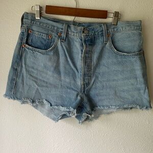 Levi's 501 Button Up Light Blue Frayed Jean Shorts